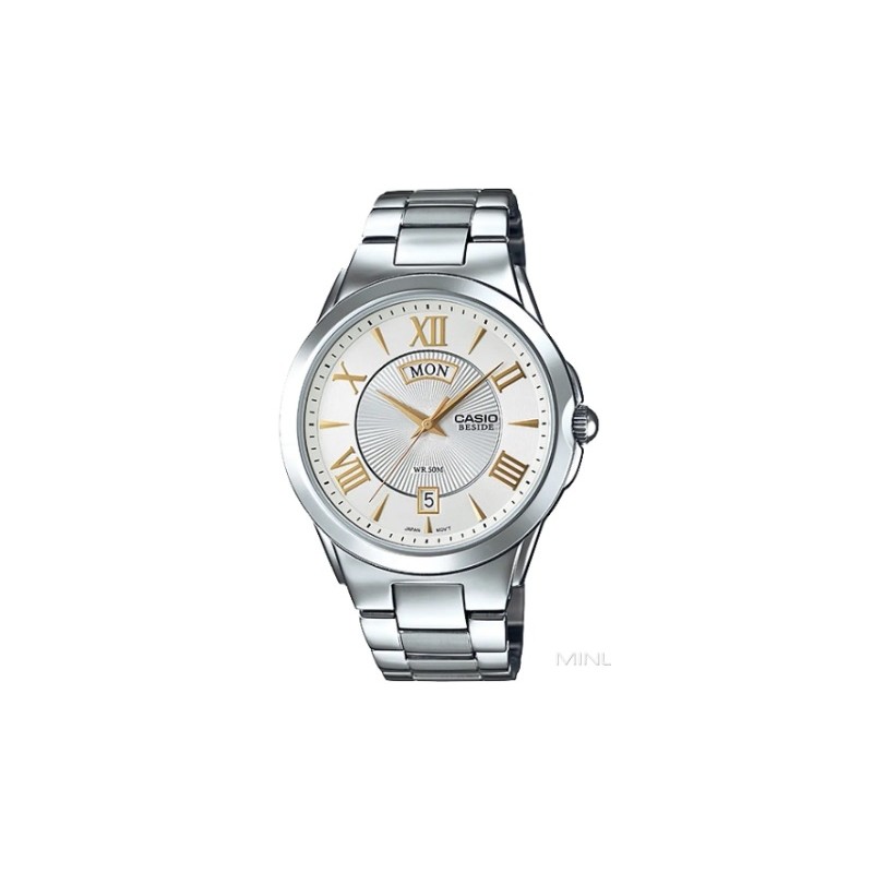 CASIO BESIDE Mod. DAY & DATE - WHITE, GOLD INDEXES BEM-130D-7AVDF